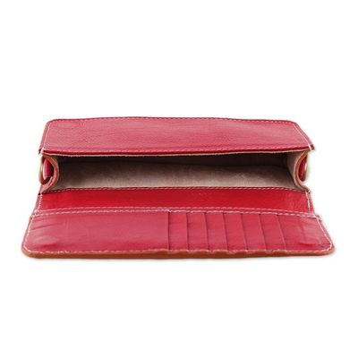 Alternate image for Artisan-Made Floral Crimson and Caramel Leather Clutch Sling Blooming Ecstasy