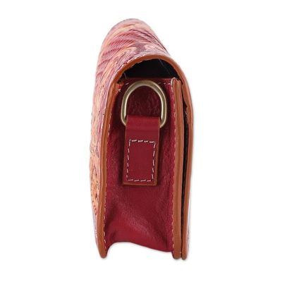 Alternate image for Artisan-Made Floral Crimson and Caramel Leather Clutch Sling Blooming Ecstasy