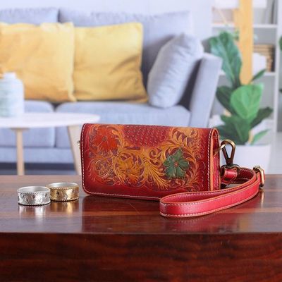 Alternate image for Artisan-Made Floral Crimson and Caramel Leather Clutch Sling Blooming Ecstasy
