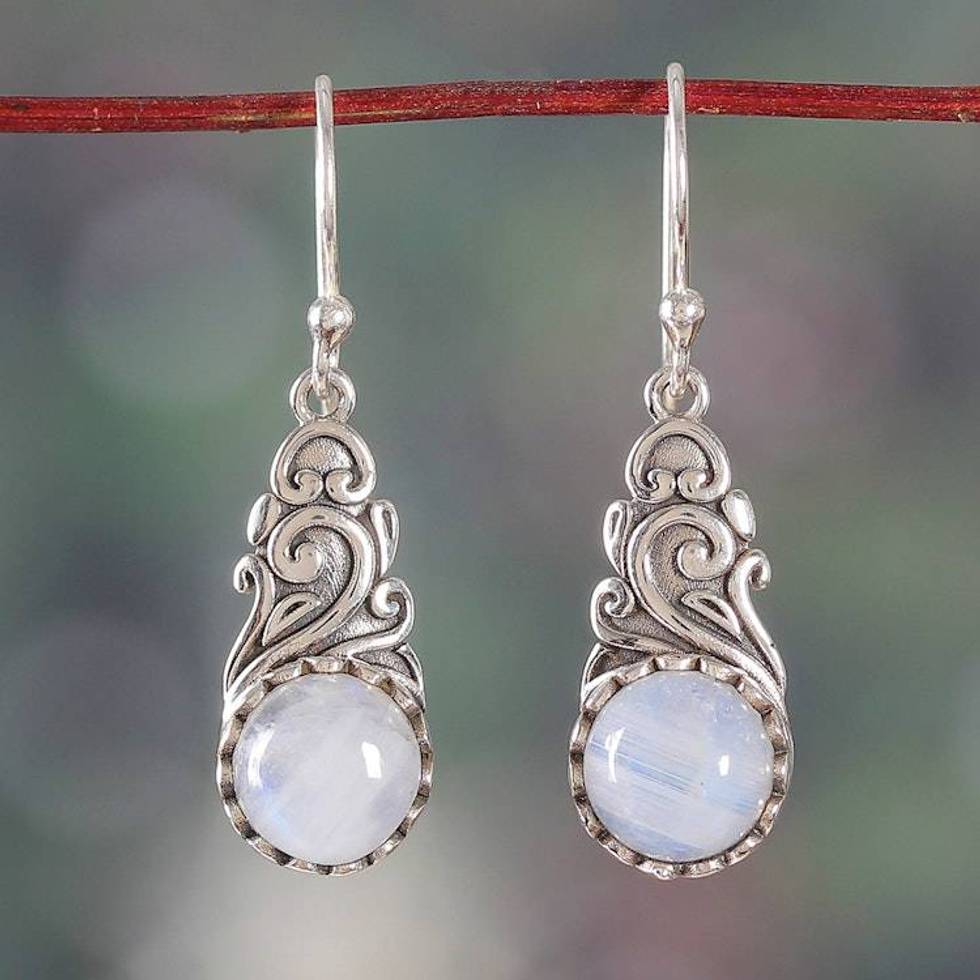 Rainbow Moonstone Silver Dangle Earrings with Vine Design 'Misty Bloom'