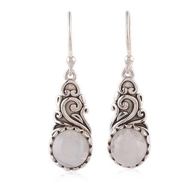 Alternate image for Rainbow Moonstone Silver Dangle Earrings with Vine Design Misty Bloom