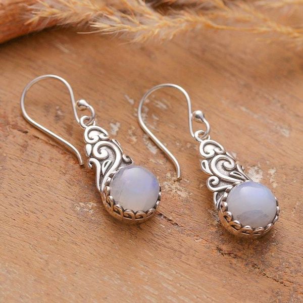 Alternate image for Rainbow Moonstone Silver Dangle Earrings with Vine Design Misty Bloom