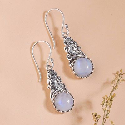 Alternate image for Rainbow Moonstone Silver Dangle Earrings with Vine Design Misty Bloom