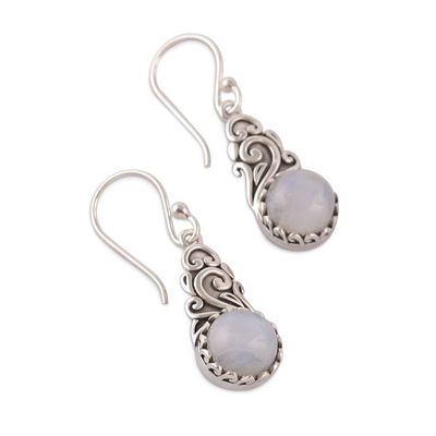 Alternate image for Rainbow Moonstone Silver Dangle Earrings with Vine Design Misty Bloom