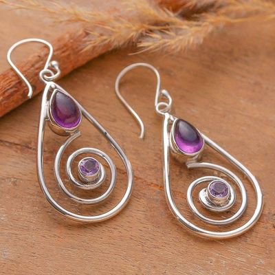 Main image for Silver Dangle Earrings with Cabochon and Faceted Amethysts Purple Spirals
