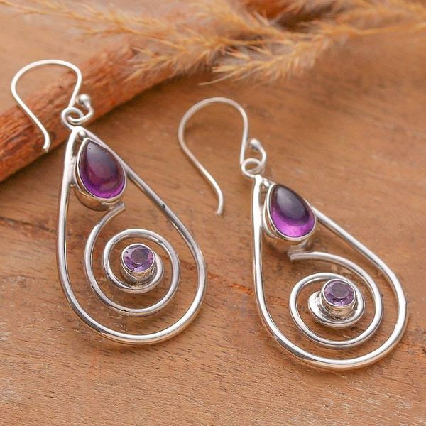Alternate image for Silver Dangle Earrings with Cabochon and Faceted Amethysts Purple Spirals