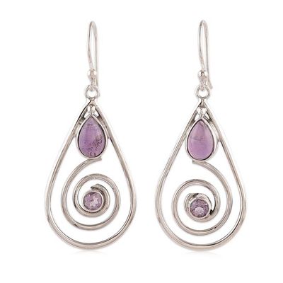 Alternate image for Silver Dangle Earrings with Cabochon and Faceted Amethysts Purple Spirals