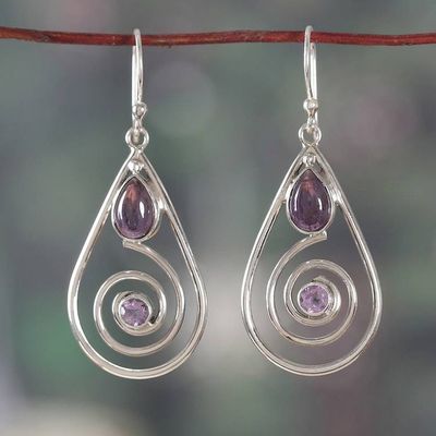 Alternate image for Silver Dangle Earrings with Cabochon and Faceted Amethysts Purple Spirals