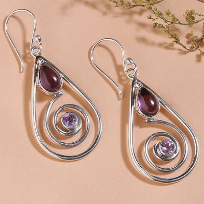 Alternate image for Silver Dangle Earrings with Cabochon and Faceted Amethysts Purple Spirals