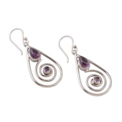 Alternate image for Silver Dangle Earrings with Cabochon and Faceted Amethysts Purple Spirals