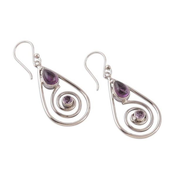 Alternate image for Silver Dangle Earrings with Cabochon and Faceted Amethysts Purple Spirals