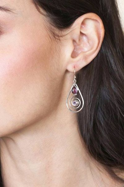Alternate image for Silver Dangle Earrings with Cabochon and Faceted Amethysts Purple Spirals