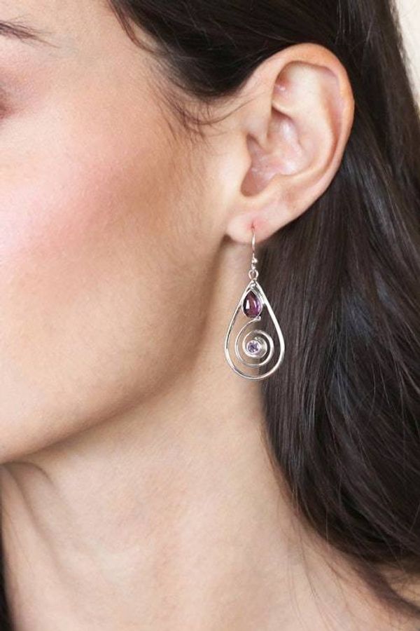 Alternate image for Silver Dangle Earrings with Cabochon and Faceted Amethysts Purple Spirals