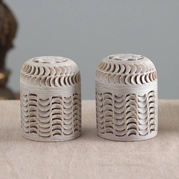 Alternate image for 2 Jali Openwork Floral-Themed Soapstone Decorative Jars Spiral Enigma