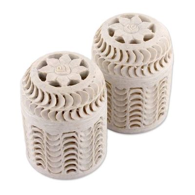 Alternate image for 2 Jali Openwork Floral-Themed Soapstone Decorative Jars Spiral Enigma