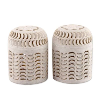 Alternate image for 2 Jali Openwork Floral-Themed Soapstone Decorative Jars Spiral Enigma