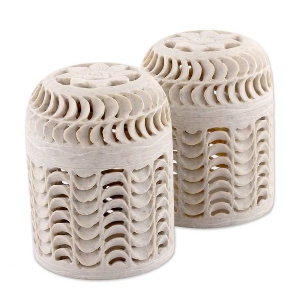 Alternate image for 2 Jali Openwork Floral-Themed Soapstone Decorative Jars Spiral Enigma
