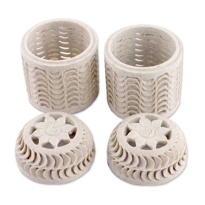 Alternate image for 2 Jali Openwork Floral-Themed Soapstone Decorative Jars Spiral Enigma