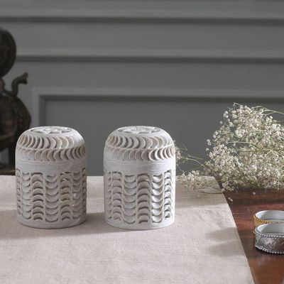 Alternate image for 2 Jali Openwork Floral-Themed Soapstone Decorative Jars Spiral Enigma