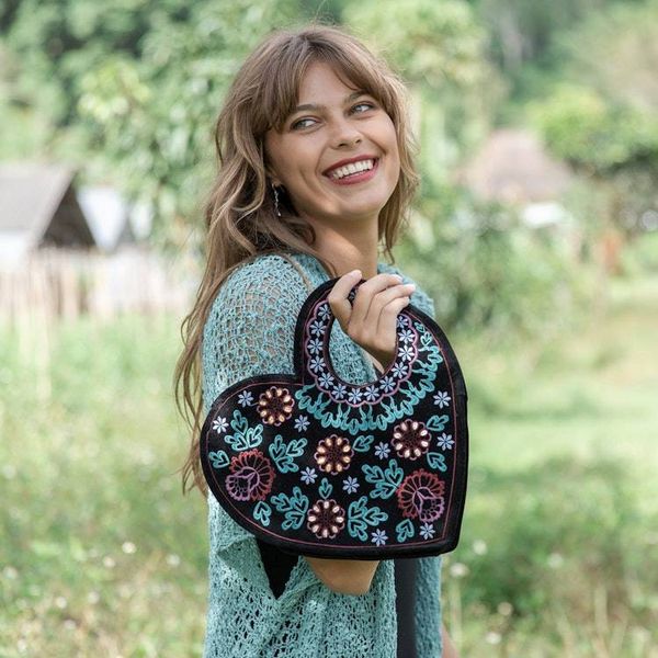 Alternate image for Patterned Embroidered Gotta Patti Heart Handbag in Black Be Still My Heart