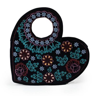 Alternate image for Patterned Embroidered Gotta Patti Heart Handbag in Black Be Still My Heart
