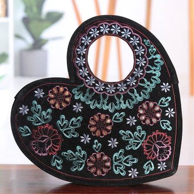Alternate image for Patterned Embroidered Gotta Patti Heart Handbag in Black Be Still My Heart