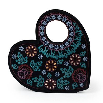 Alternate image for Patterned Embroidered Gotta Patti Heart Handbag in Black Be Still My Heart