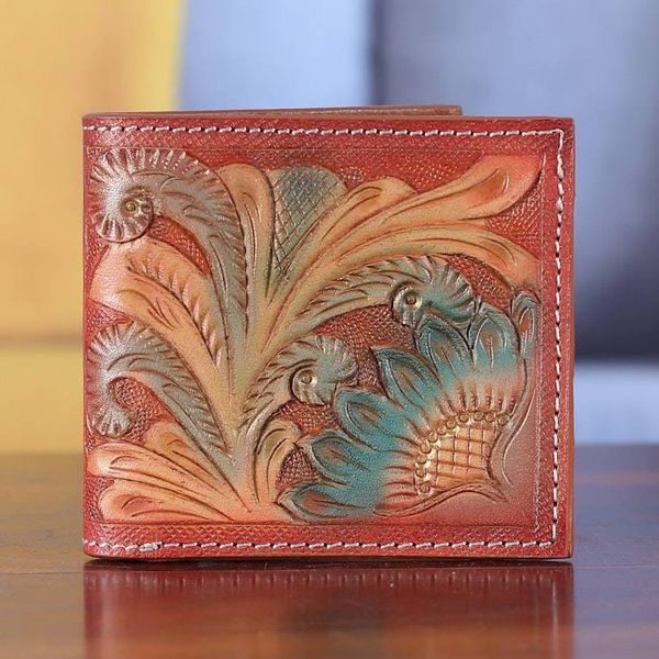 Alternate image for 100 Leather Wallet with Hand-Tooled Baroque Floral Motifs Sunflower Evenings