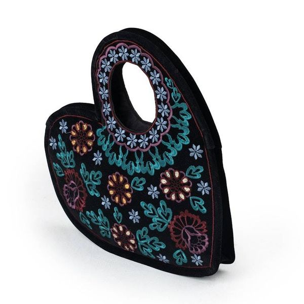 Alternate image for Patterned Embroidered Gotta Patti Heart Handbag in Black Be Still My Heart
