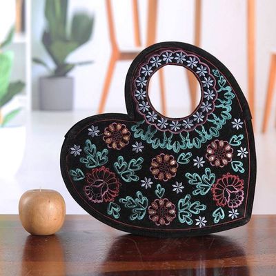 Alternate image for Patterned Embroidered Gotta Patti Heart Handbag in Black Be Still My Heart