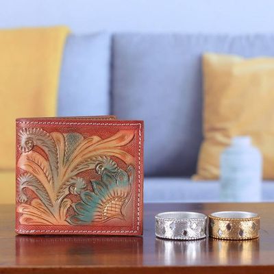 Alternate image for 100 Leather Wallet with Hand-Tooled Baroque Floral Motifs Sunflower Evenings