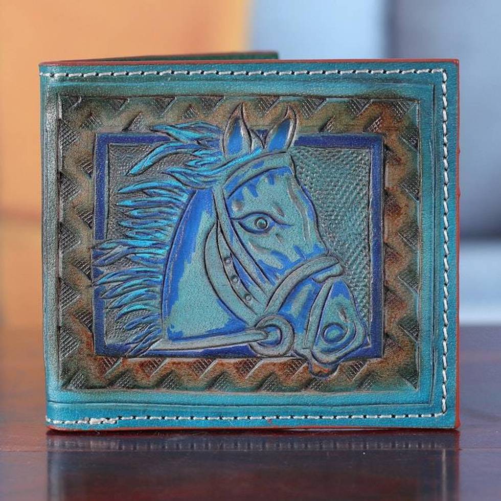 Men's Horse-Themed Teal Turquoise Leather Wallet from India 'Horse Nobility'