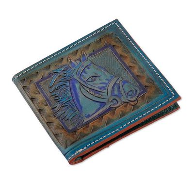 Alternate image for Mens Horse-Themed Teal Turquoise Leather Wallet from India Horse Nobility