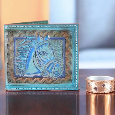 Alternate image for Mens Horse-Themed Teal Turquoise Leather Wallet from India Horse Nobility