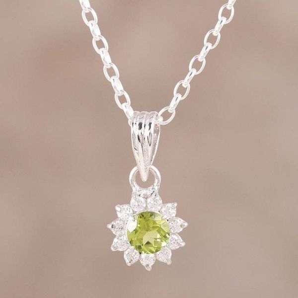 Alternate image for Peridot and CZ Rhodium-Plated Sterling Silver Necklace Gleaming Flower