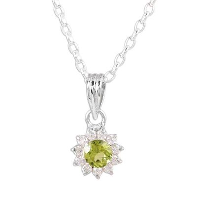 Alternate image for Peridot and CZ Rhodium-Plated Sterling Silver Necklace Gleaming Flower