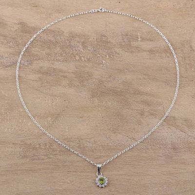 Alternate image for Peridot and CZ Rhodium-Plated Sterling Silver Necklace Gleaming Flower