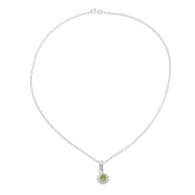 Alternate image for Peridot and CZ Rhodium-Plated Sterling Silver Necklace Gleaming Flower