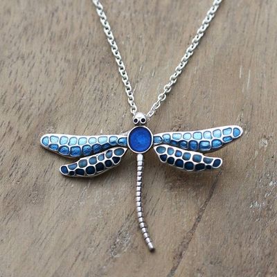 Alternate image for Painted Sterling Silver Necklace with Blue Dragonfly Pendant Dragonflys Imagination