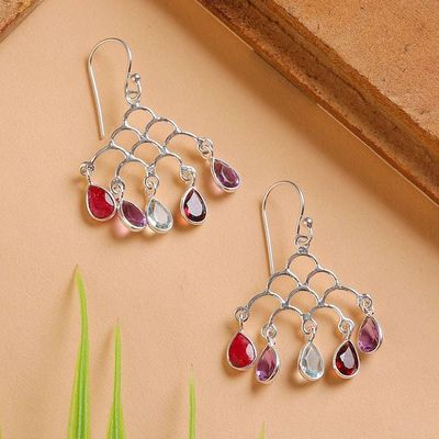 Alternate image for Jali-Inspired Multi-Gemstone Silver Chandelier Earrings Vibrant Teardrops