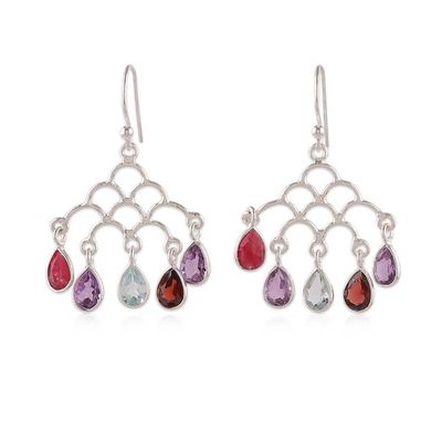 Alternate image for Jali-Inspired Multi-Gemstone Silver Chandelier Earrings Vibrant Teardrops
