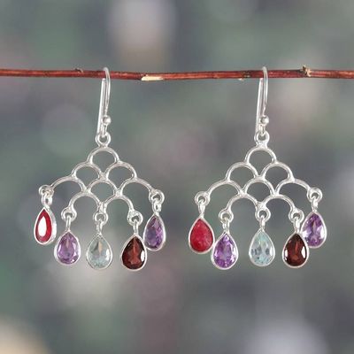 Alternate image for Jali-Inspired Multi-Gemstone Silver Chandelier Earrings Vibrant Teardrops
