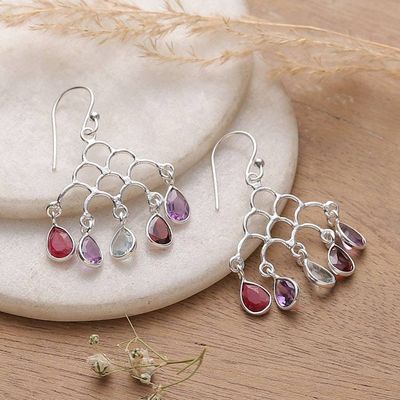 Alternate image for Jali-Inspired Multi-Gemstone Silver Chandelier Earrings Vibrant Teardrops