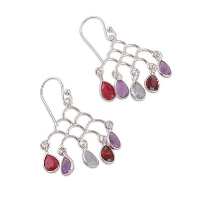 Alternate image for Jali-Inspired Multi-Gemstone Silver Chandelier Earrings Vibrant Teardrops