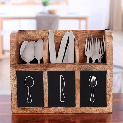 Alternate image for Burnt-Finished Mango Wood Cutlery Organizer Crafted in India Kitchen Elegance