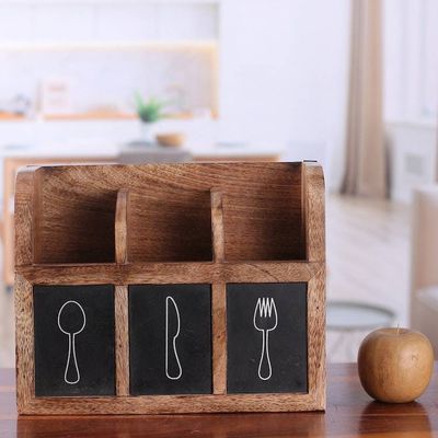 Alternate image for Burnt-Finished Mango Wood Cutlery Organizer Crafted in India Kitchen Elegance