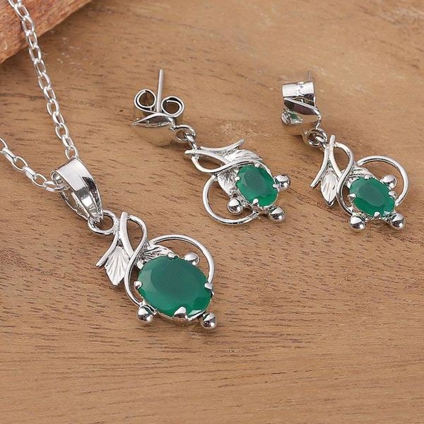 Alternate image for Rhodium-Plated Onyx Necklace and Earrings Leafy Jewelry Set Serene Greenery