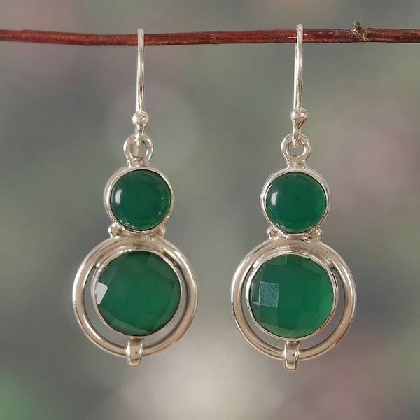 Alternate image for Silver Dangle Earrings with 12-Carat Green Onyx Gemstones Glowing Vibrancy