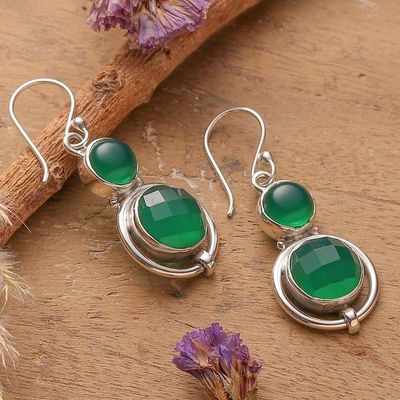 Alternate image for Silver Dangle Earrings with 12-Carat Green Onyx Gemstones Glowing Vibrancy