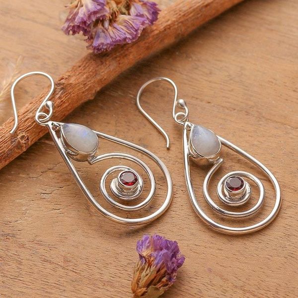 Alternate image for Spiral-Themed Rainbow Moonstone and Garnet Dangle Earrings Romantic Spirals